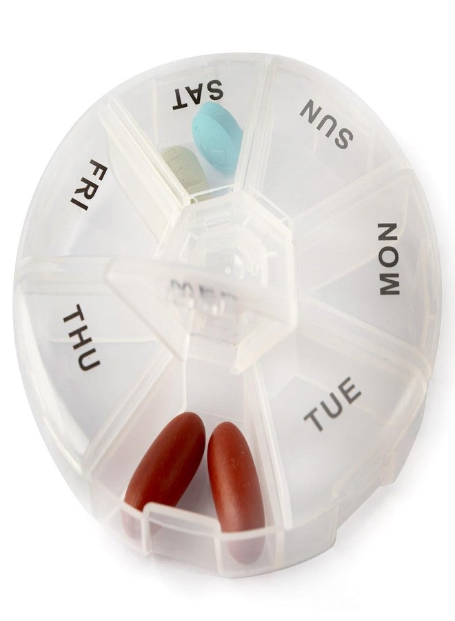 Deke Home - Round Portable Pill Box, Medicine Planner, Small 7 Day Weekly Travel Container, Medication, Vitamin Holder, Pillbox Organizer, Pill Dispenser, Daily Sorter & Reminder, BPA Free - Image 1